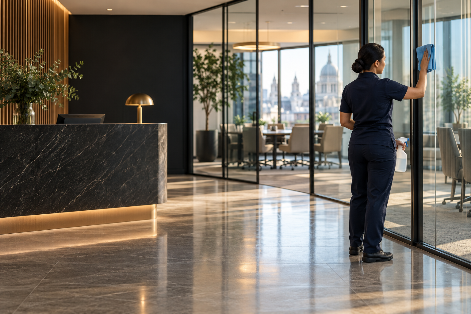 Illustrative cleaner wiping a glass partition in a commercial office
