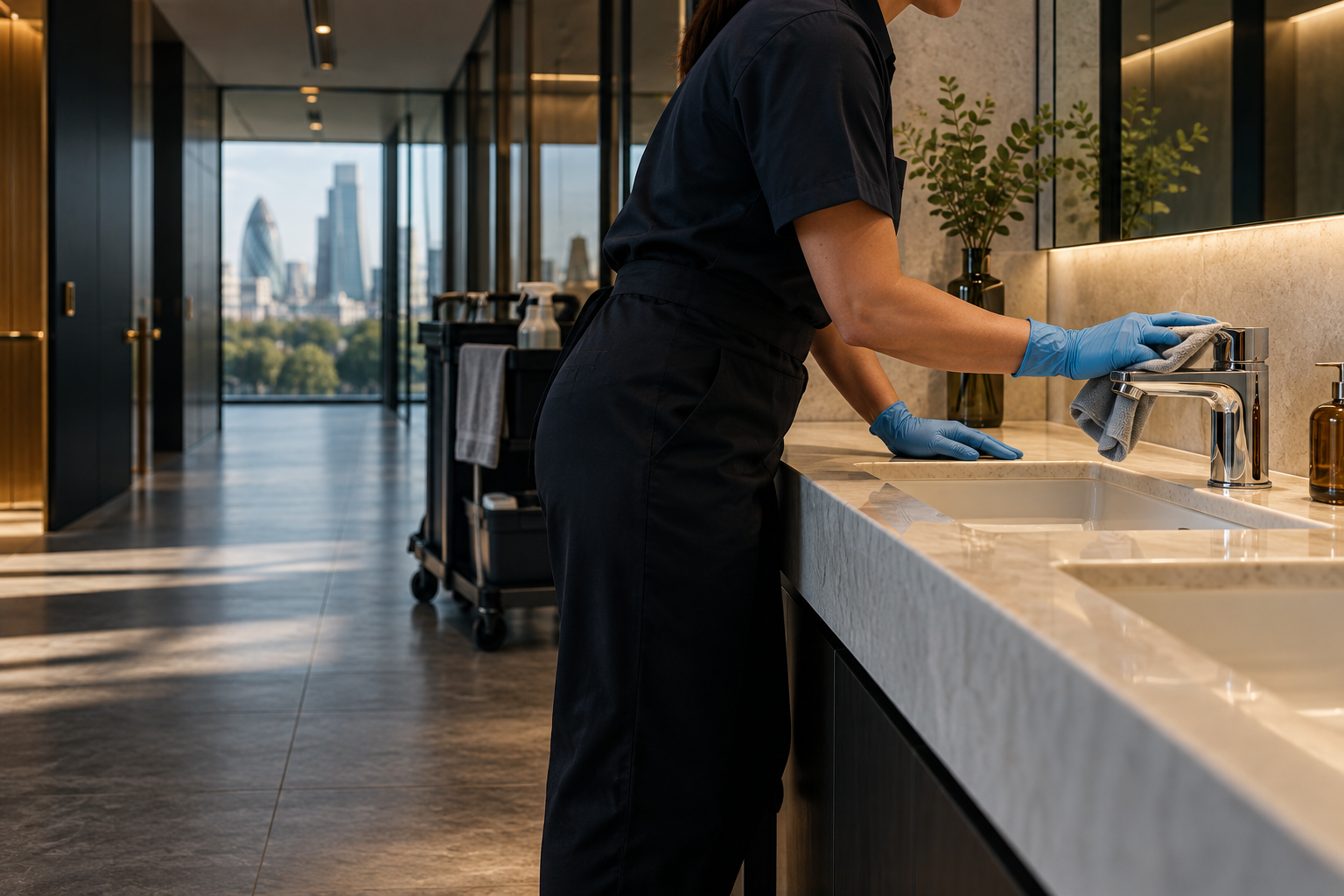 Illustrative cleaner polishing a commercial washroom basin
