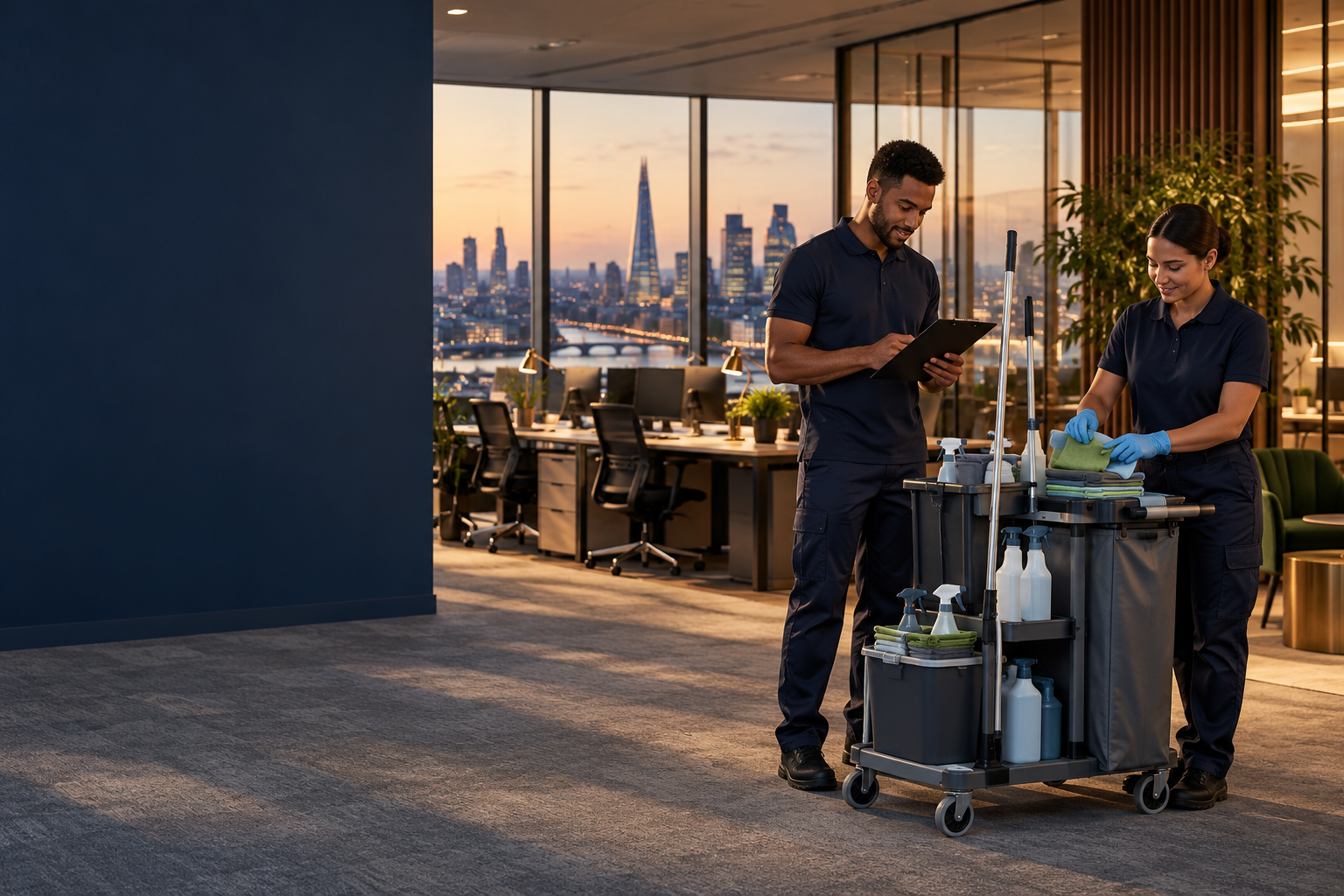 Illustrative commercial cleaning team with a cleaning trolley in an office